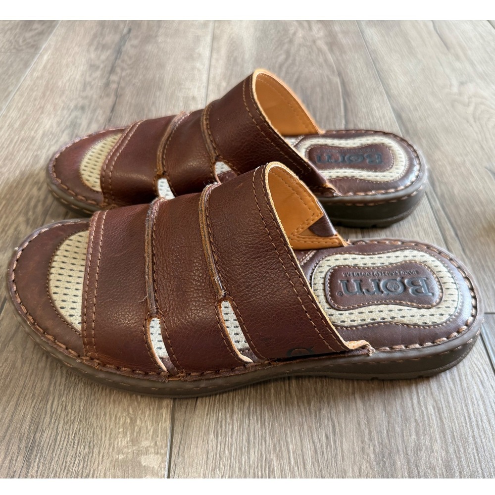 Born Mens Brown Leather Slide Sandals H60416 Size 8M